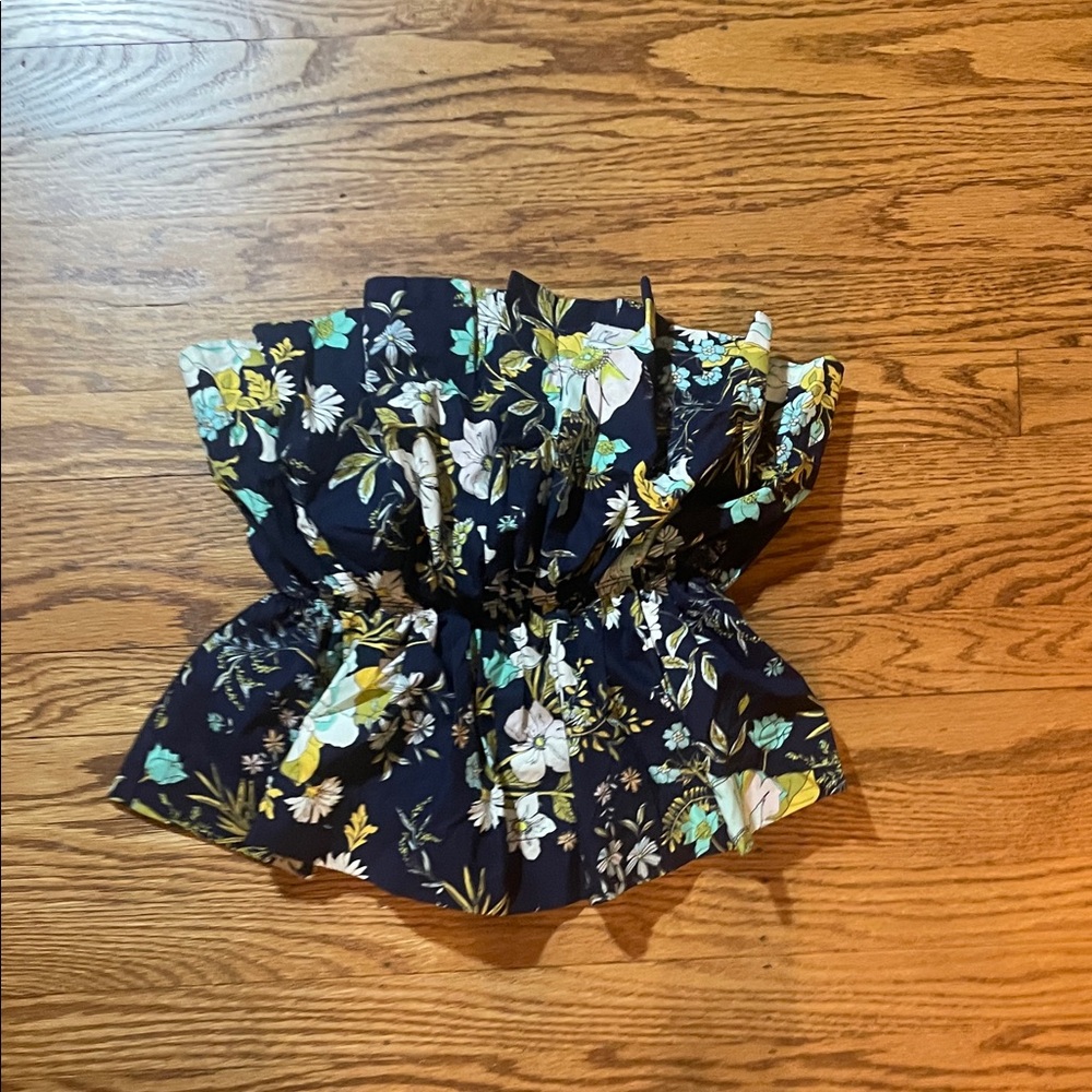 Anthropologie Navy Floral Ruffled Strapless Top